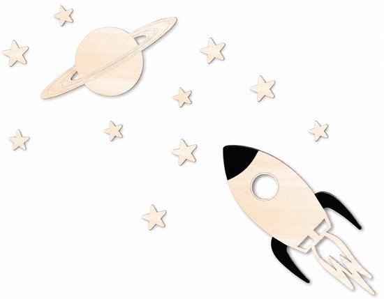 Houten wanddecoratie - Wooden wall decoration | Kosmos 64 x 44cm Cosmos | Licht hout - Natural wood | Muurdecoratie kinderkamer - Wall art for kids room - Wandfiguur - Babykamer - Astronaut - Ruimte - Space - Wetenschap - Science