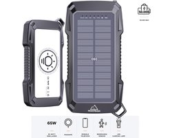 RoxPeak® Titancharge X2 – Solar Powerbank 50.000 MaH – 65W Snellader – Geschikt voor alle smartphones & Tablets – 2x USB A + 2x USB-C – LED Display – Kampeerlamp – Sensor Alarm – Outdoor – Noodpakket – Universeel – Zwart