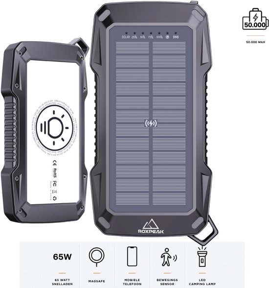 RoxPeak® Titancharge X2 - Solar Powerbank 50.000 MaH - 65W Snellader - Geschikt voor alle smartphones & Tablets - 2x USB A + 2x USB-C - LED Display - Kampeerlamp - Sensor Alarm - Outdoor - Noodpakket - Universeel - Zwart