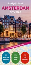 Lonely Planet Amsterdam City Map, met grachtenpanden en drie cirkels: 'Must-see Highlights', 'Travel Tips' en 'City Insights'.