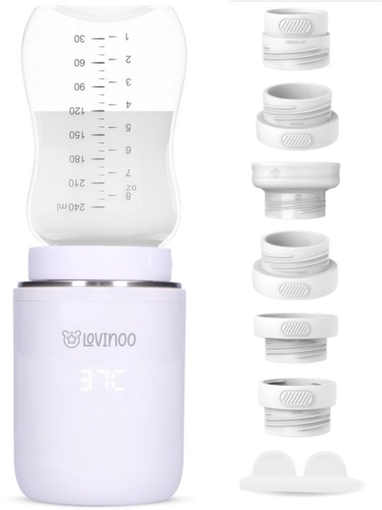 Lovinoo Flessenwarmer Pro 2025 – Flessenwarmer Onderweg - Draagbare Flessenwarmer - Flesverwarmer - Babyvoeding – Flessenwarmers – 4 Temperatuurniveaus - Flessenwarmer Draadloos – USB Oplaadbaar – Incl. 5 Adapters - 13.200 mAh - Wit