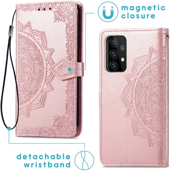 Een rosé gouden telefoonboekcase, gevouwen en open, met mandela-reliëf en afneembare polsband.