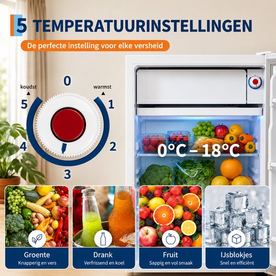 Celestul Mini Koelkast 90L - Koelkast met Vriesvak - Stille Minibar 41 dB - Compacte Koelkast voor Slaapkamer, Kantoor & Studentenkamer - Wit — afbeelding 4