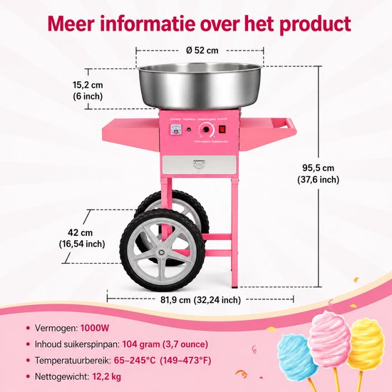 Seth Select Cotton Candy Machine met Kar - Elektrische Suikerspinmaker met Grote RVS Kom - Suikerspinmachine met Trolley - Pink van Seth Select — afbeelding 2