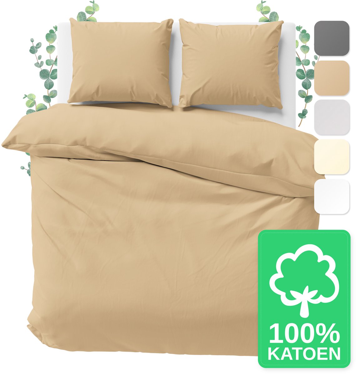 JACOBSON Dekbedovertrek - 240x220 cm + 2 Kussensloop 80x80 cm - 100% katoen - met Rits - Beige