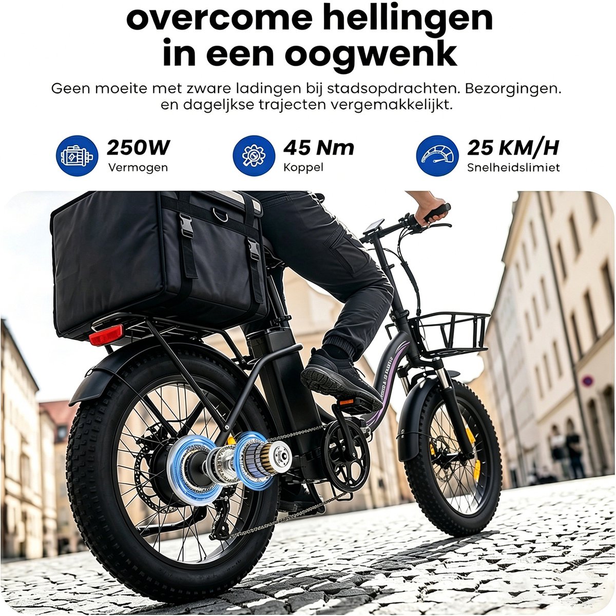 Runetic Elektrische fiets - Actieradius 80km - Verwijderbare batterij 36V13Ah - Motor 250W - 25KM/H - 20“* 3.0” opvouwbare City Commuter E-Bike – foto 3