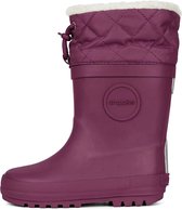Paarse regenlaars met gewatteerde paarse bovenkant, witte rand en touwtjes.