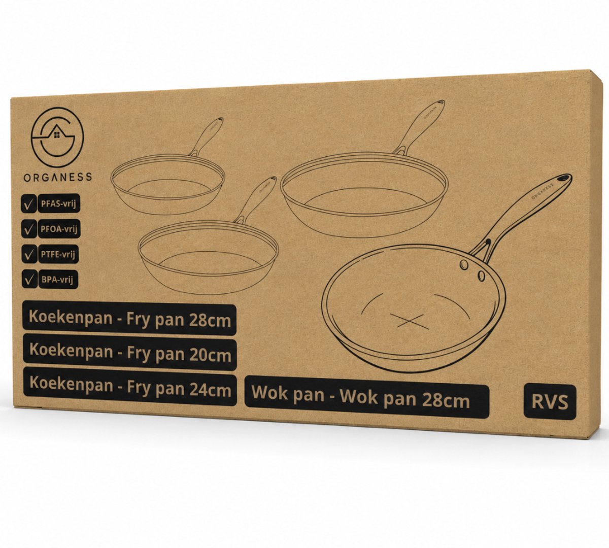 Organess Koekenpannen set RVS 20, 24 & 28 cm en Wokpan 28cm – Inductie Pan – Roestvrijstaal – Geschikt voor Alle Warmtebronnen