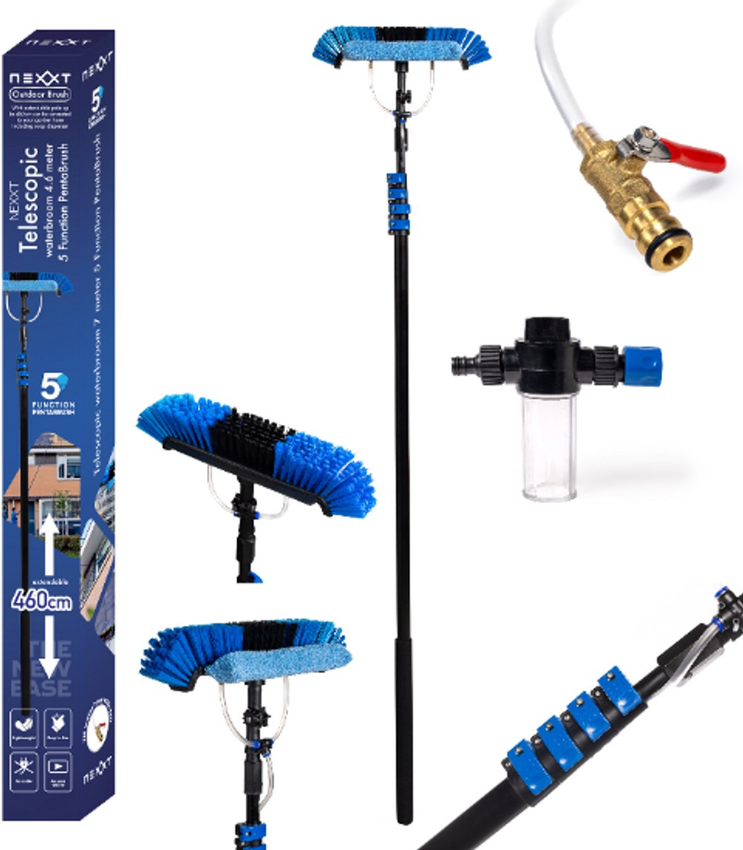 Nexxt Telescopische Waterbezem met Squeeze Mop - 7m Uitschuifbaar - Werkhoogte tot 9m - Geïntegreerde Zeepdispenser - Incl. 9m Waterslang - Blauw