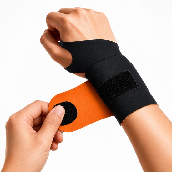 Attelle de poignet noire avec fermeture velcro, bande orange à côté.