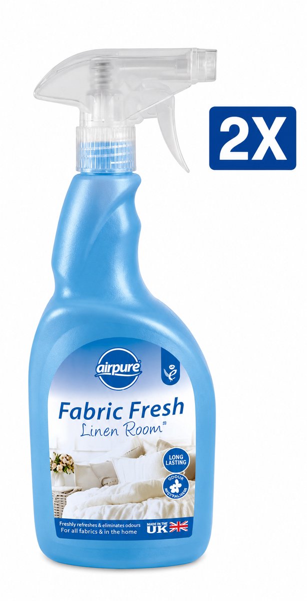 Airpure Textielverfrisser Linnen (Linen Room) 750 ml Spray - Set van 2 Flessen (1.5 L Totaal) - Geurneutralisator voor Beddengoed Gordijnen Kleding en Meubels - 100% Veganistisch en Dierproefvrij - Made in UK