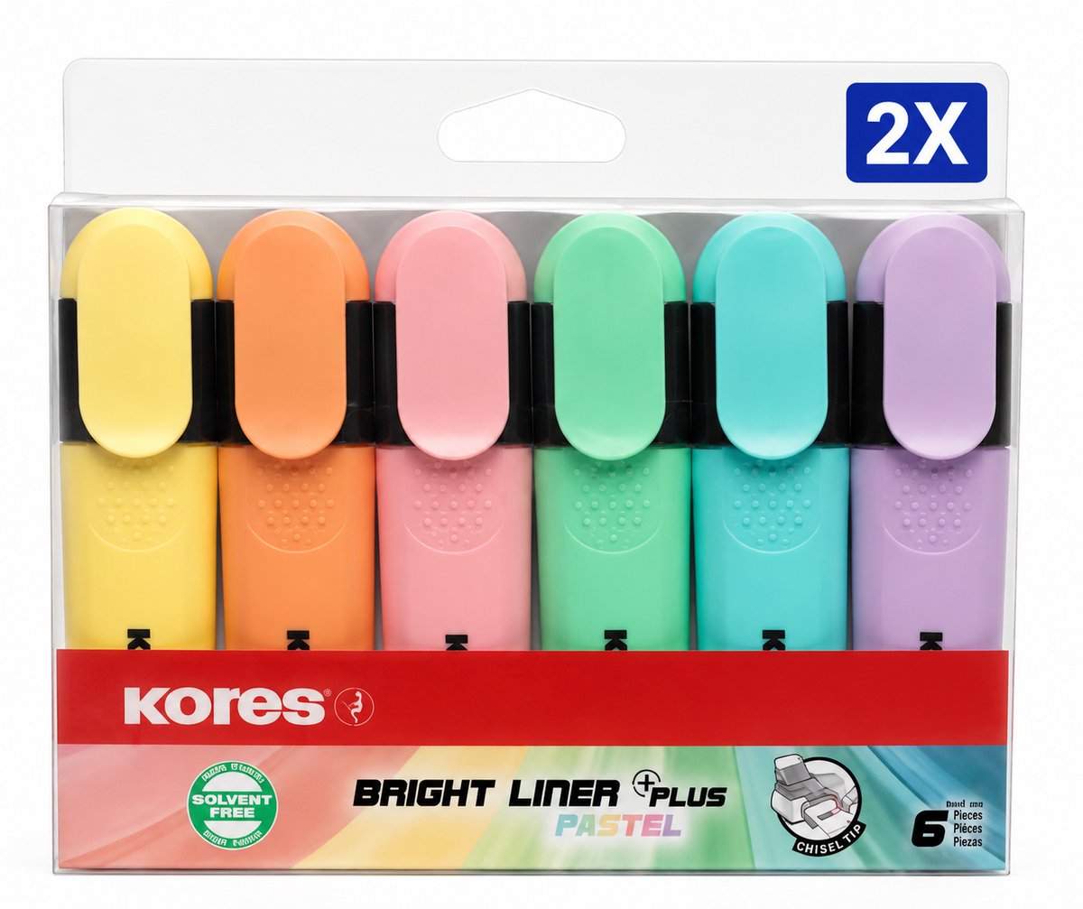 Kores High Liner Plus Pastel Markeerstiften Set van 6 Kleuren - Voordeelverpakking van 2 Etuis - Pastel Textmarkers met Wigvormige Punt en Ergonomische Greep - Voor School en Kantoor
