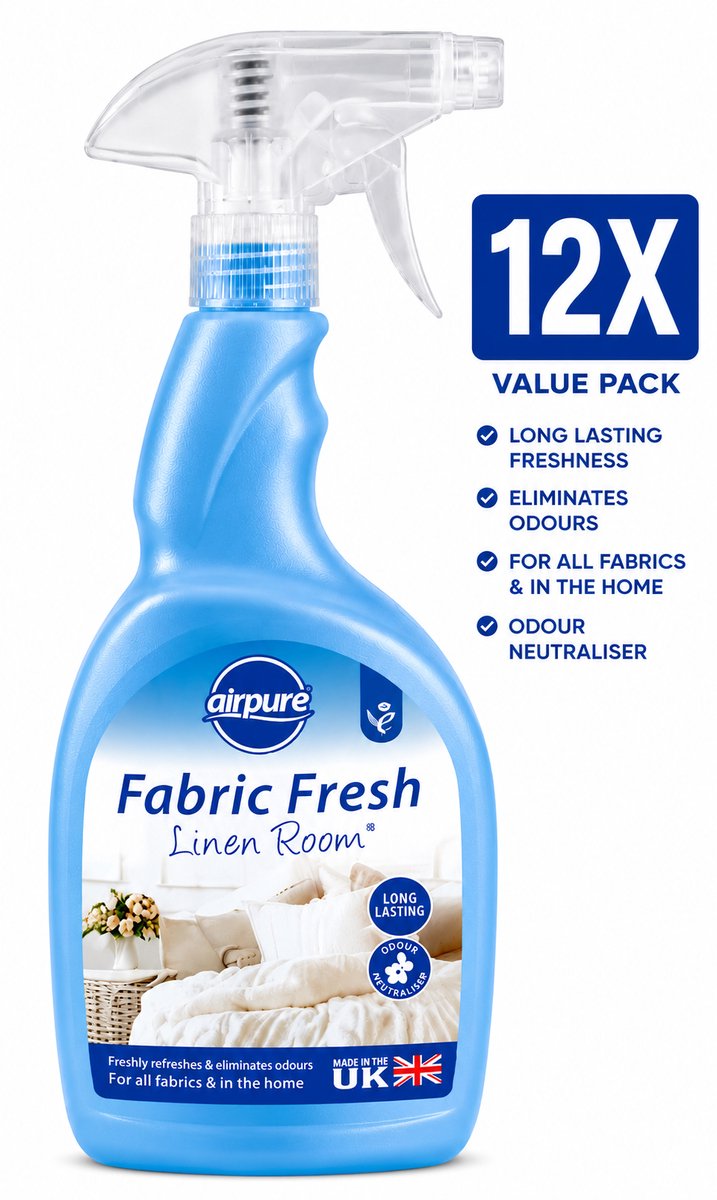 Airpure Textielverfrisser Linnen (Linen Room) 750 ml Spray - Set van 12 Flessen (9 L Totaal) - Geurneutralisator voor Beddengoed Gordijnen Kleding en Meubels - 100% Veganistisch en Dierproefvrij - Made in UK
