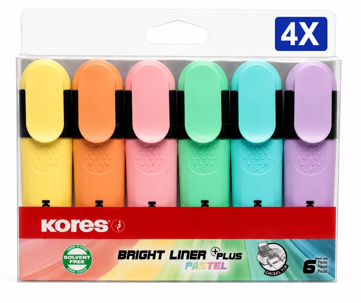 Kores High Liner Plus Pastel Markeerstiften Set van 6 Kleuren - Voordeelverpakking van 4 Etuis - Pastel Textmarkers met Wigvormige Punt en Ergonomische Greep - Voor School en Kantoor