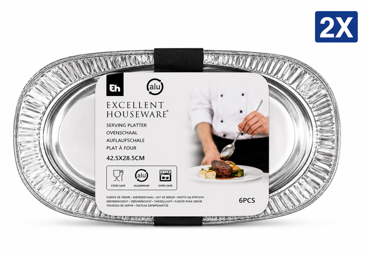 Aluminium serveerschalen 42.5x28.5 cm groot formaat - Voordeelverpakking van 2 Sets (4 Stuks Totaal) - Wegwerp Aluminium voor Oven Vriezer en BBQ