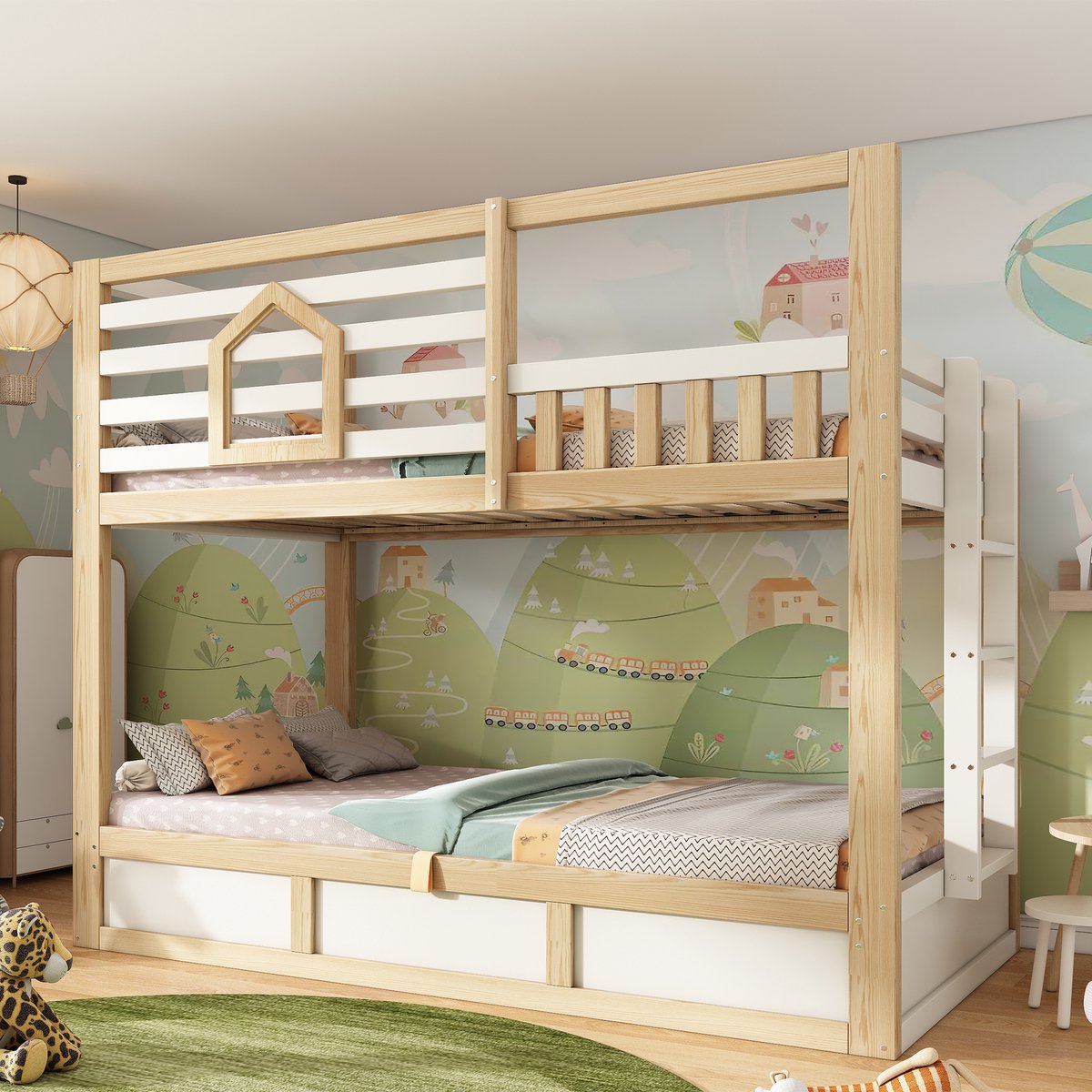Kinderstapelbed - Huisbed Met Opbergruimte En Veiligheidshek - 90x200 cm - Wit/Eiken - EN747