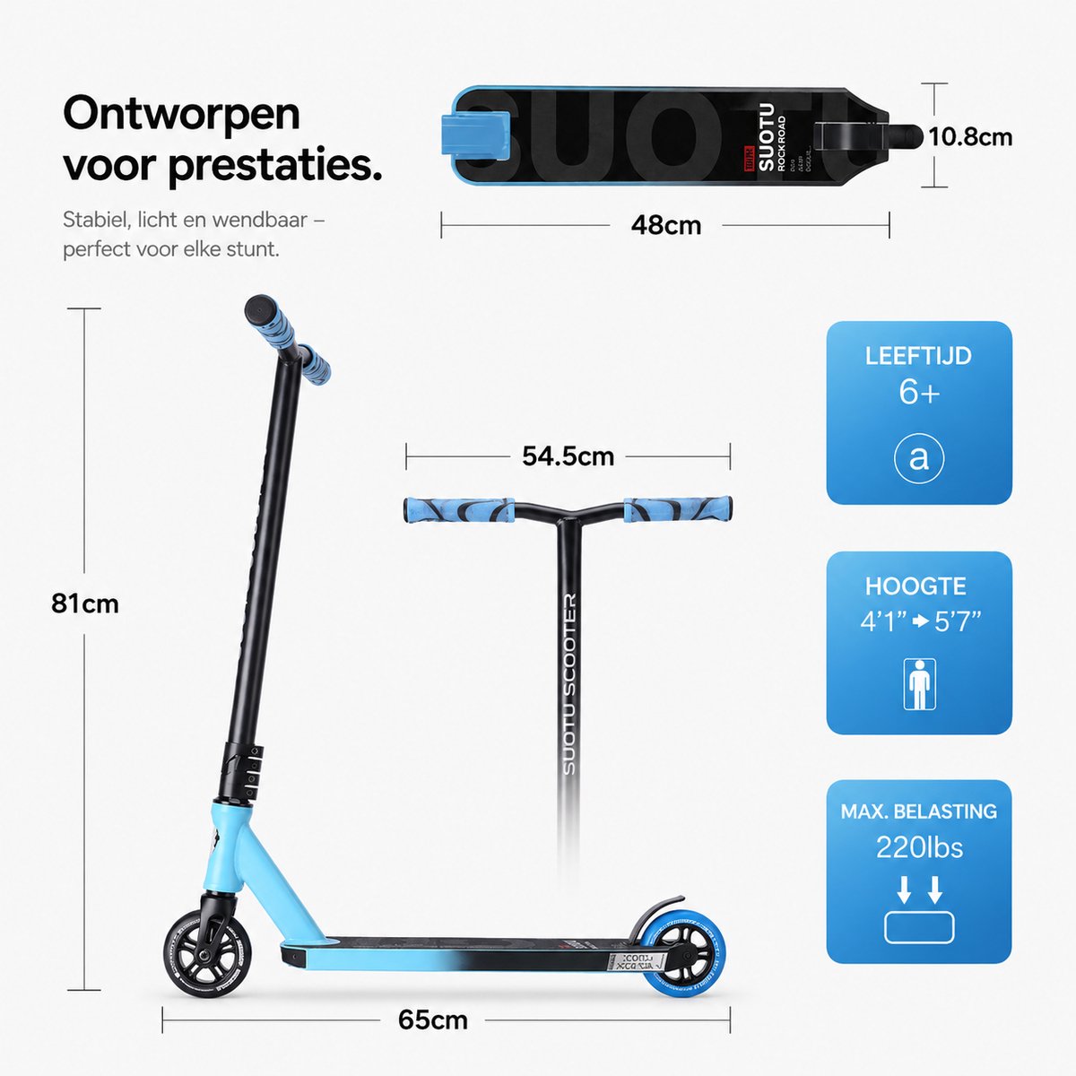 Suotu Stuntstep - Step - Kinderstep - Silent axle - Speelgoed Jongens/Meisjes - Aluminium - Blauw/Zwart — afbeelding 7