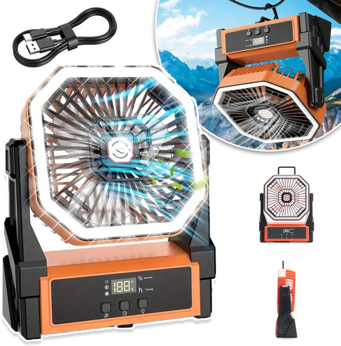 Campingventilator Oplaadbaar - 10000mAh Werkt Op Batterijen - Draagbare Verstelbare Ventilatoren Met LED-Verlichting - Voor Op Reis Strand Buiten Binnen
