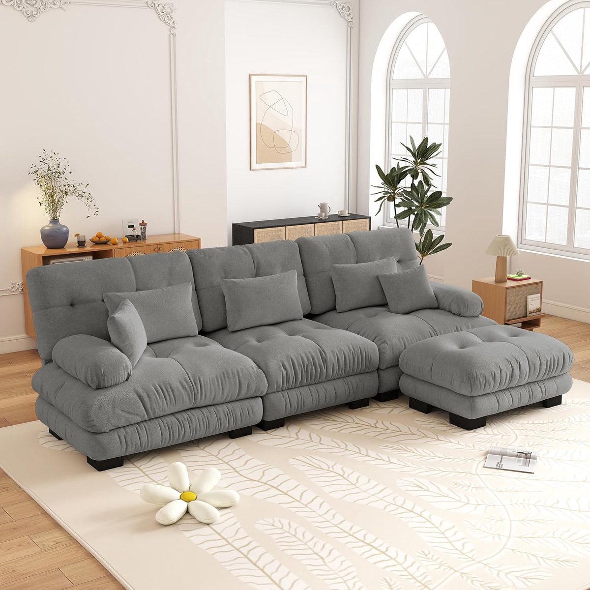 Zubaliya L-Bank Luxe Modulaire Hoekbank - Extra grote L-vormige Wolkbank voor de Woonkamer, Convertibele L-vormige Bank, 3-Zitsbank, Hoekbank, Diepe Slaapbank met Voetenbank, Corduroy, Grijs