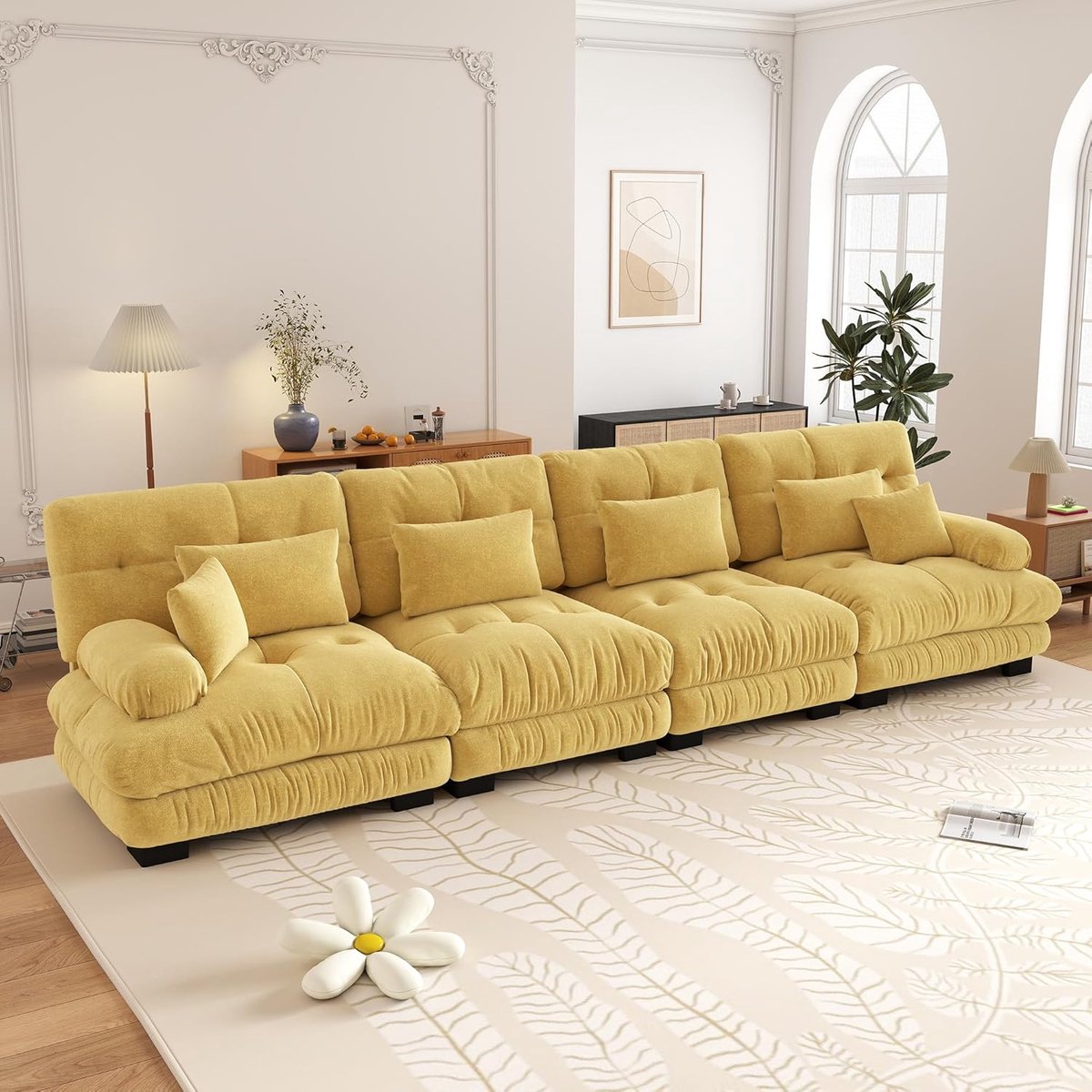 Zubaliya 4-zits Bank, Modulaire Hoekbank met Diepe Zitting, Chenille Slaapbank, Comfortabel Bekleed voor Woonkamer, Appartement, Studio, Kantoor, Chenille-geel