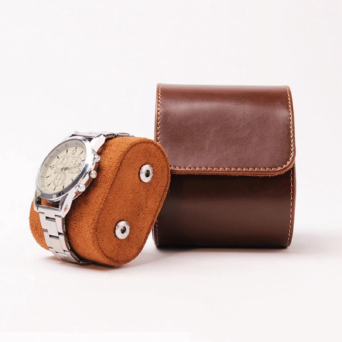 Horlogehouder van echt leer - 80×100×70 mm - Horlogehouder voor één horloge - Opbergoplossing voor uw horloge - Reishorlogedoos - Perfect als vakantiecadeau - Bruin