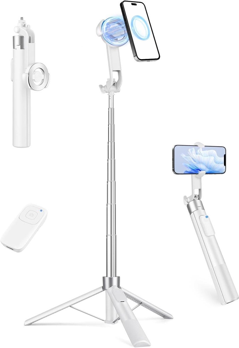 Selfiestick Statief - Telefoonhouder - Video Opnames - Magnetische Bevestiging - 178 cm - Wit