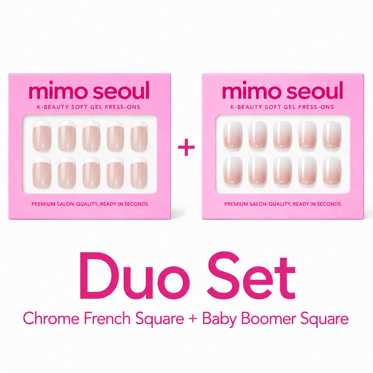 Mimo Seoul Duo Set Soft Gel Press-On Nails Pink Glow Duo Set - Glazed Strawberry & Baby Boomer Nagels - Short Almond - 60 Stuks - Herbruikbaar 14 Dagen