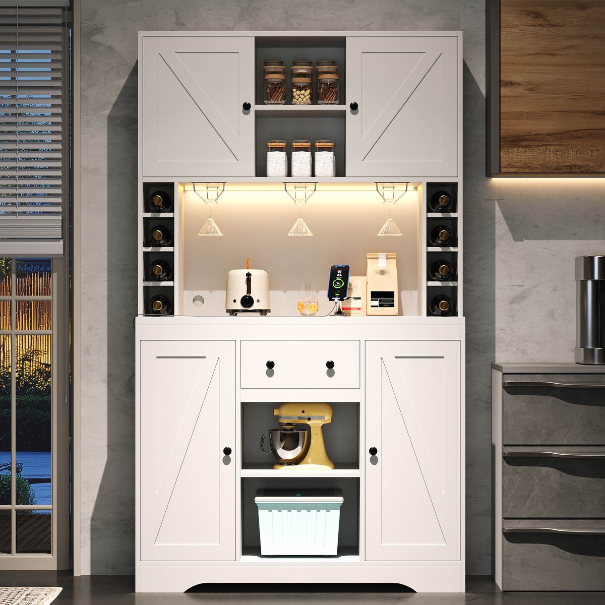 WELLTIN Keukenkast, hoge kast, wijnkast met verstelbare planken, lade, roestvrijstalen wijnglazenhouder, wijnflesvakken, kleurveranderende ledverlichting en stopcontacten, 180×105×40 cm - Wit