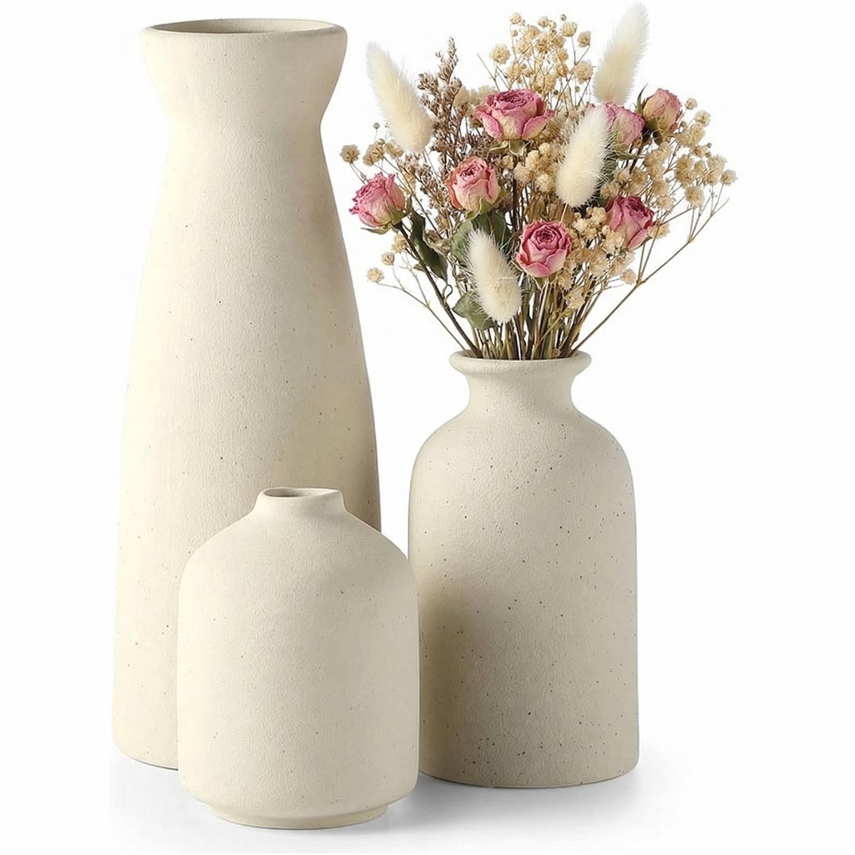 Lemlit Keramische Vazen Set 3 Stuks - Kleine Bloemenvaasjes voor Pampasgras en Gedroogde Bloemen - Decoratieve Vazen voor Plank Tafel Boekenkast en Hal - Naturel