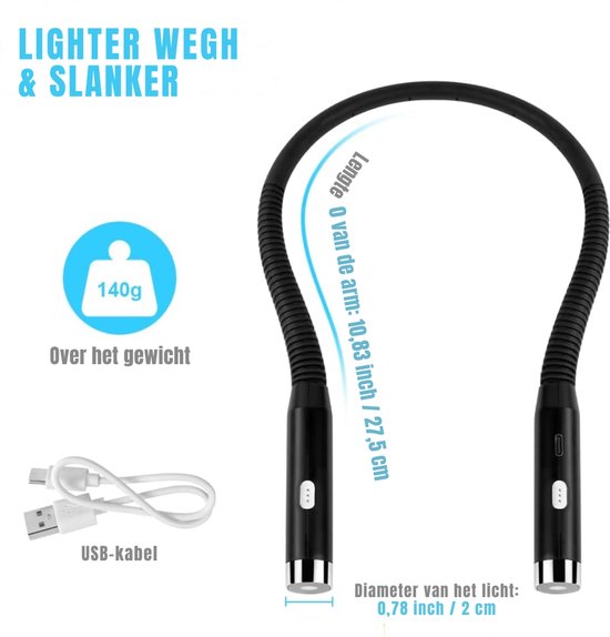 TIM®Nekleeslamp - Leeslampje voor Boek - Neklamp met 3 Lichtstanden - LED Verlicht - 3 Kleuren - Extra Licht - Zwart - 19cm x 13cm x 3cm — afbeelding 4
