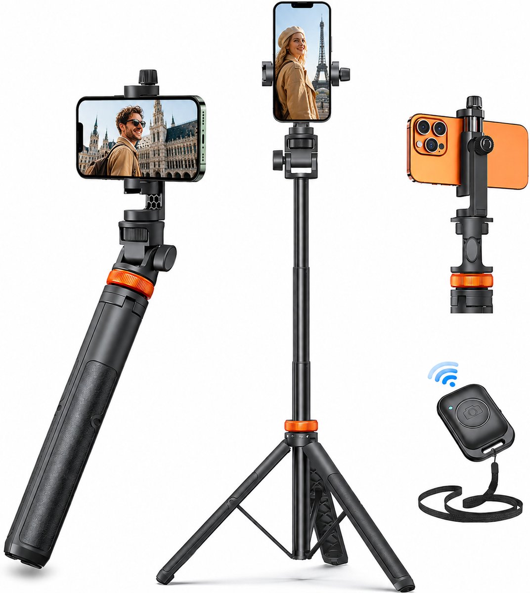 Sounix Telefoon Statief - SelfieStick Tripod met Bluetooth Afstandsbediening - tot 158 cm hoog - Tripod Smartphone - Action Camera Statief - Zwart