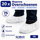 Twee witte overschoenen met tekst '20x Overschoenen', 'Sterk', 'Duurzaam', 'Waterbestendig'.
