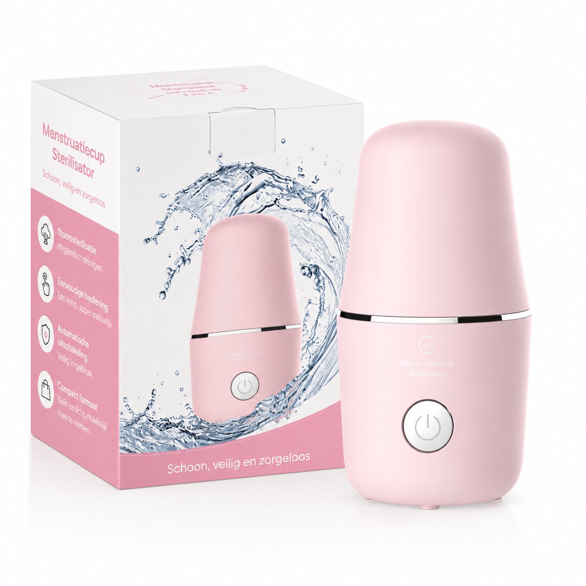 Gloovon® Menstruatiecup Sterilisator - Stoomreiniger - Snel - Automatische Uitschakeling - BPA-vrij & RVS 304 - Roze - 15 x 9 cm