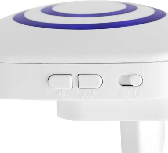 Witte sensor met blauwe cirkels en schakelaars voor instellingen.
