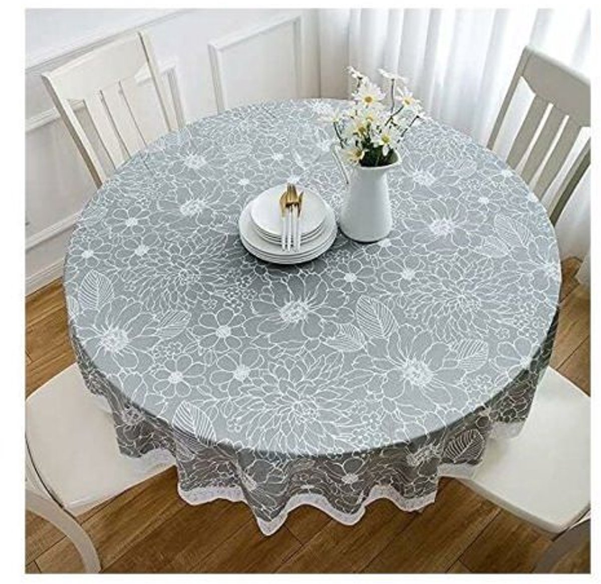Rond, waterdicht en vlekbestendig PVC-tafelkleed - bloemenkantpatroon - 220 cm - grijs