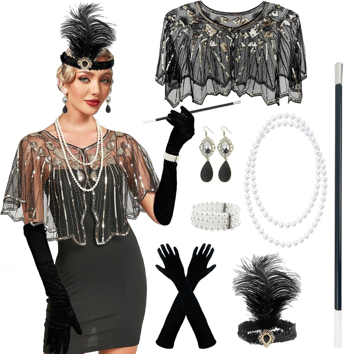 1920s Accessoires voor Vrouwen - Zwarte Gatsby Kostuum Flapper Set voor Prom, Halloween en Feestdagen