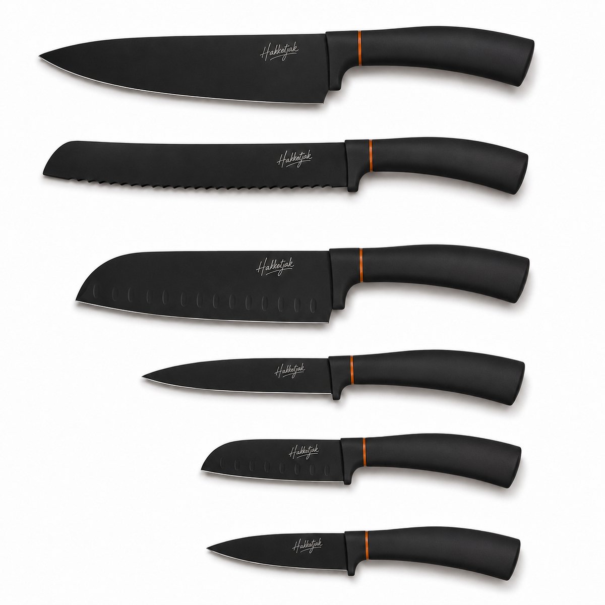 Hakketjak Messenset Zwart - 6-delig - RVS Keukenmessen met Zwarte Coating