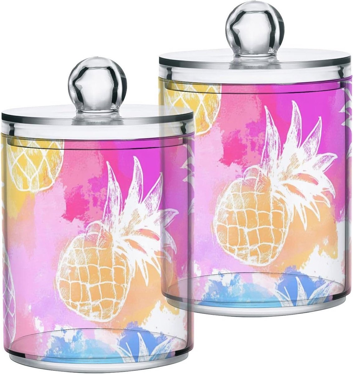 Opbergdozen met Deksel - Opbergbakjes Decoratief - Badkamer Ordenen - Onbreekbaar Plastic - Diameter 11cm Hoogte 15cm - Tropisch Ananas Kleurrijk
