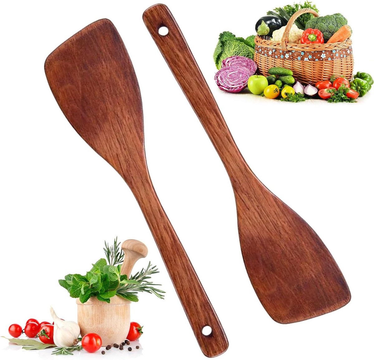 Houten spatels - Kooklepels set - Keukenwerkzaamheden - Massief hardhout - 385 cm - Bruin