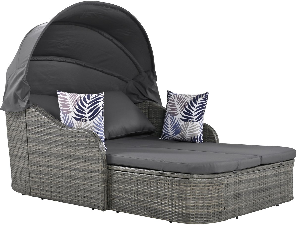 Zonnedorp, tuinlounge set, PE-rattan met verstelbare luifel, weersbestendige terras-ligstoel van gevlochten riet, dubbele lounge met 4 kussens en afneembare kussenslopen voor tuin, zwembad, grijs