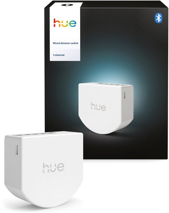 Witte Philips Hue bedrade dimmer wandschakelaar met "hue" logo, naast de verpakking.