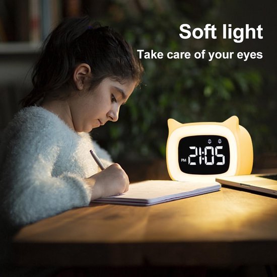 Children's Digital Alarm Clock, Dual Alarm Clock with Light, Digital, Cute Cats, Children's Alarm Clock, Bedside Light, Snooze Function, 18 Music, 5 Brightness Modes, Time Controlled Night Light, Alarm Clock — afbeelding 4
