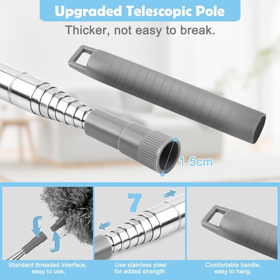 Stofdoek Set - Spinnenwebbezem - Hoge Oppervlakken Reinigen - Telescopische Steel - 9 Delig - Zwart Wit — afbeelding 2