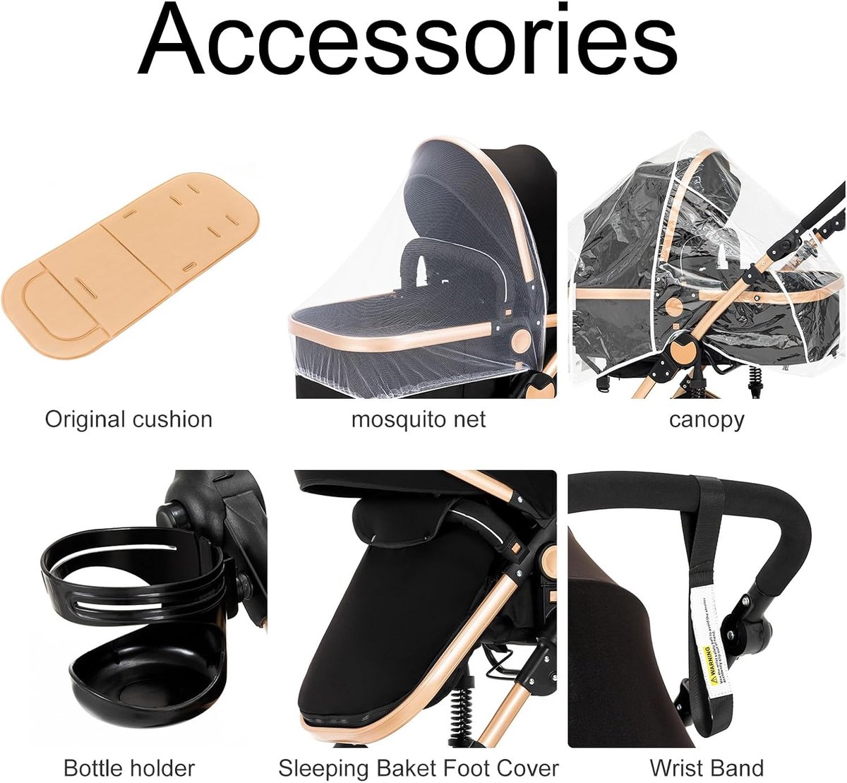 Baby Stroller 3-in-1, Pushchair with Reversible Sliding Modes, Aluminum Alloy Frame, Baby Stroller, 3-in-1 Set, One-Click Folding Design, High Landscape (588 Black Gold) thumbnail 4