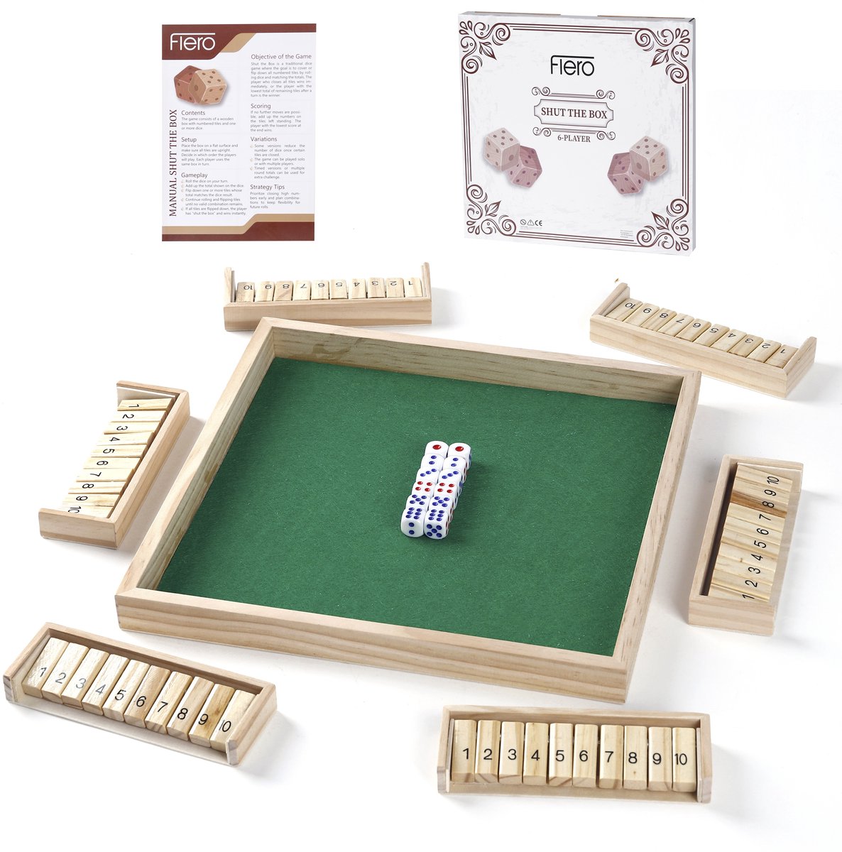 Flero Shut The Box - 6 Spelers - Dobbelspel - Tactiek- en Rekenspel - Bordspel, Educatief Speelgoed, Leerspel voor Kinderen en Volwassenen (Groen) - Montessori Klepspel, Familiespel, Reisspel, Cadeau voor Jong en Oud
