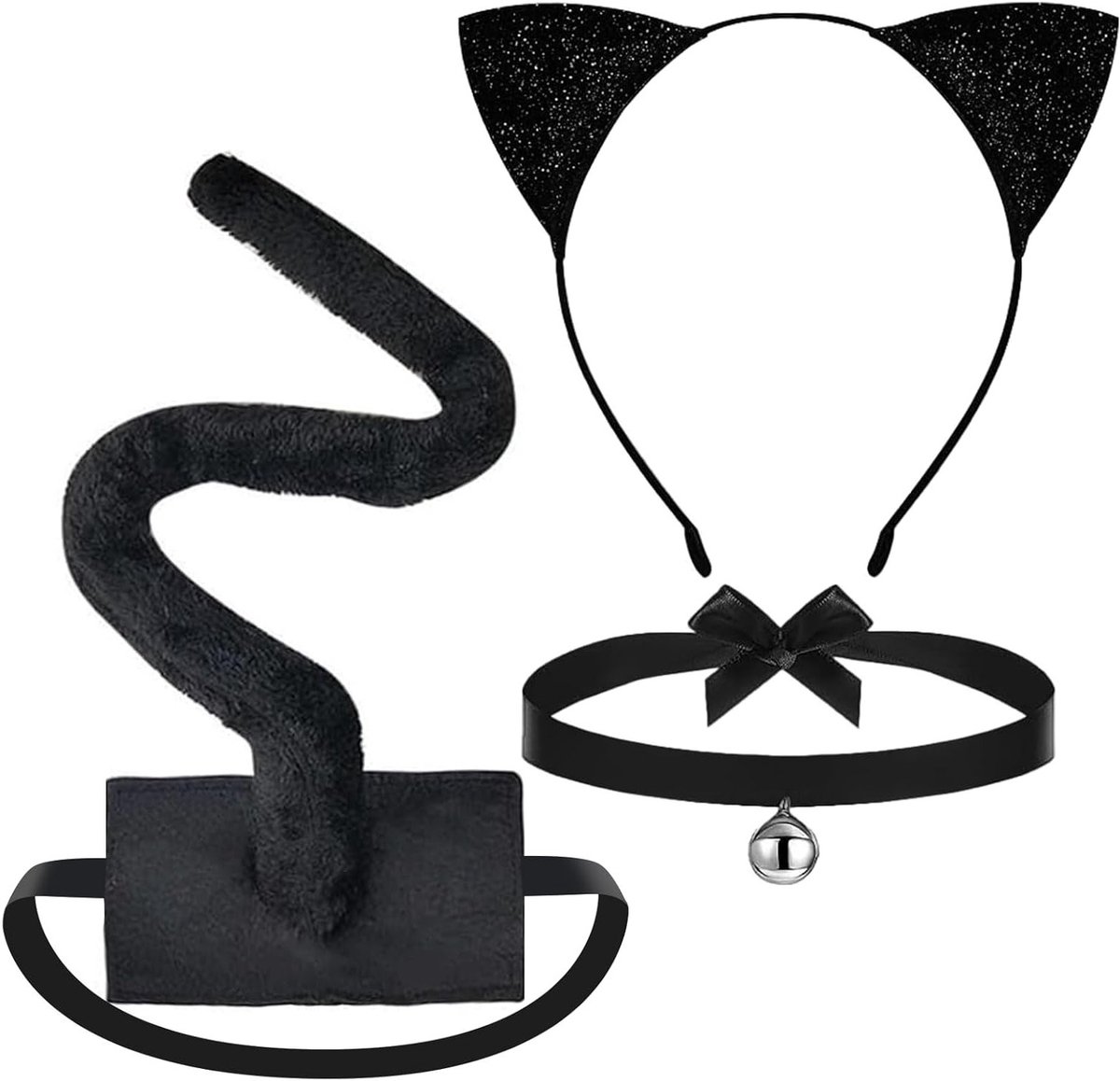 Set van 3 Kattenoren, Haarband, Kattenstaart en Belhalsband - Zwart, Kostuum voor Vrouwen en Kinderen, Cosplay Accessoires voor Halloween en Carnaval