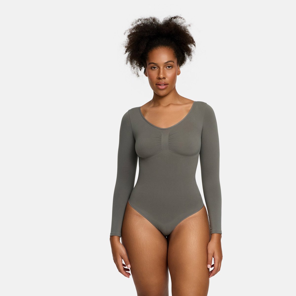 cfab Bodysuit met corrigerende werking, lange mouwen en koord - Grafiet