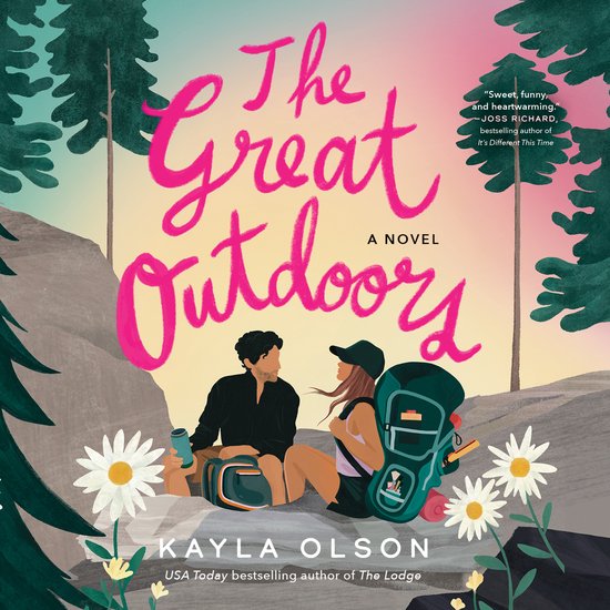 Boek kaft met de titel 'The Great Outdoors'. Een illustratie van een koppel in de natuur, met een rugzak en daisy's.