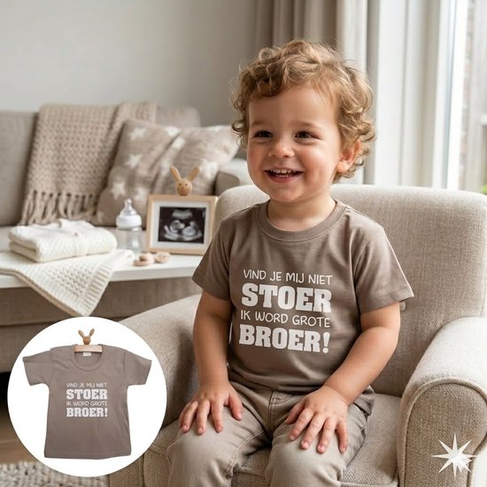 T-Shirt Aankondiging zwangerschap jongen zwangerschapaankondiging big brother Vind je mij niet stoer? Want ik word grote broer! korte mouw shirt zand beige maat 86 zwangerschap aankondiging bekendmaking baby