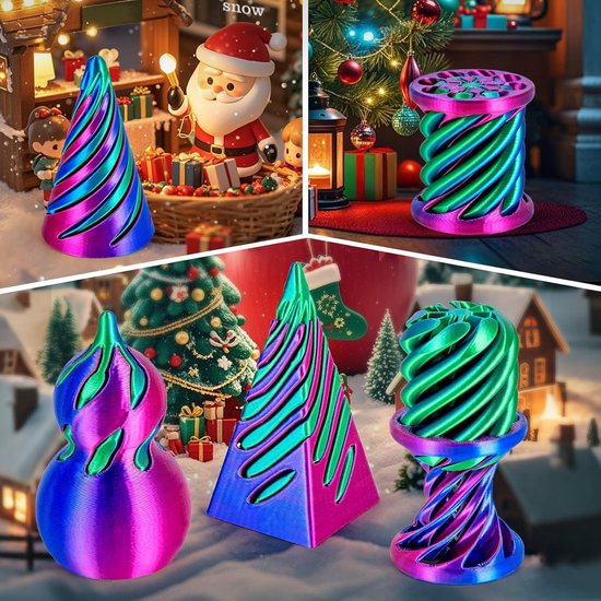 Fidget speelgoed in kerstsfeer: kerstboom, spoel, en andere vormen in paars, groen en blauw.